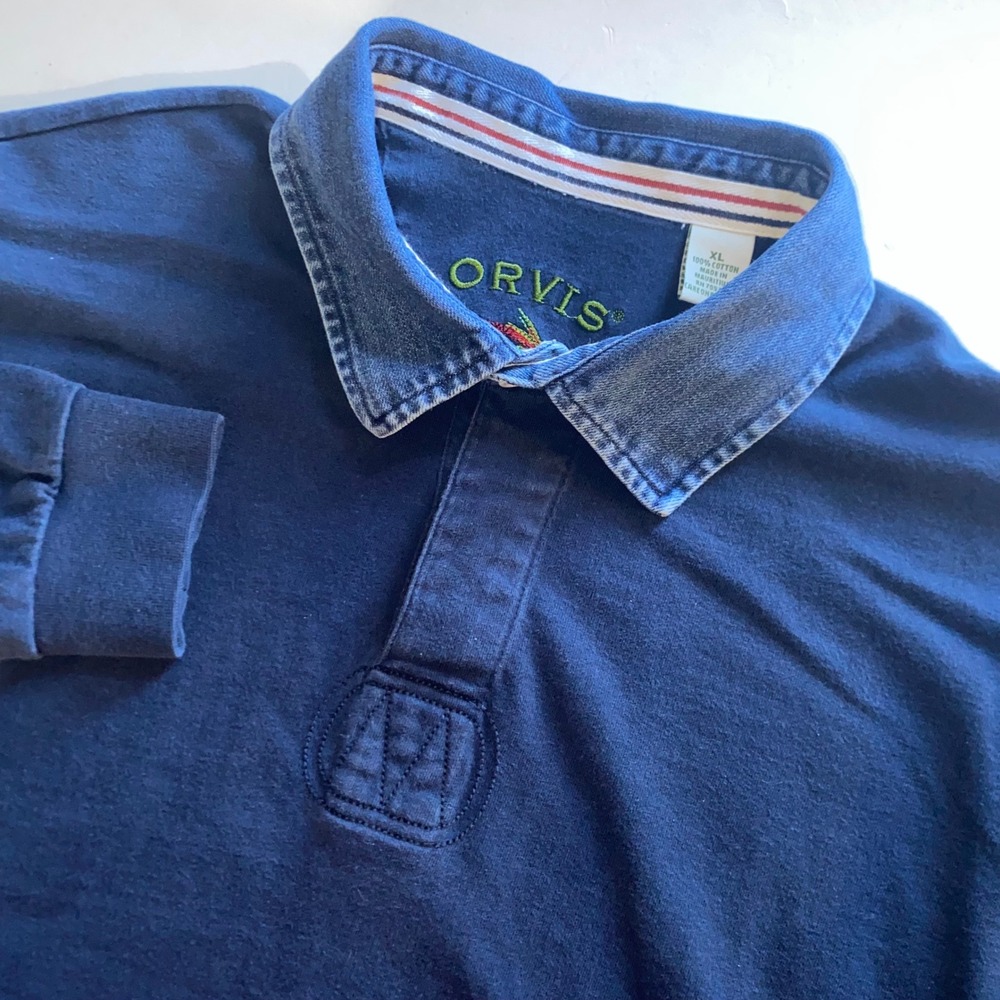 Orvis Mens XL Navy Blue Long Sleeve Polo Shirt Denim Collar Embroidered Logo